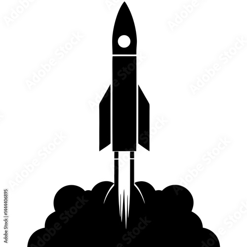 Silhouette of a rocket launching with smoke clouds and exhaust on a launch pad