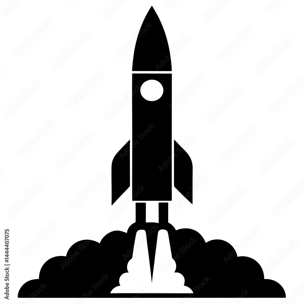 Fototapeta premium Silhouette of a rocket launching with smoke clouds and exhaust on a launch pad