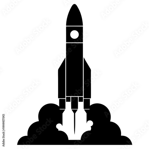 Silhouette of a rocket launching with smoke clouds and exhaust on a launch pad