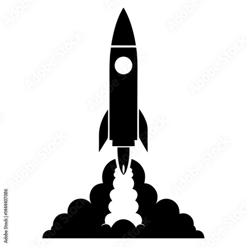 Silhouette of a rocket launching with smoke clouds and exhaust on a launch pad