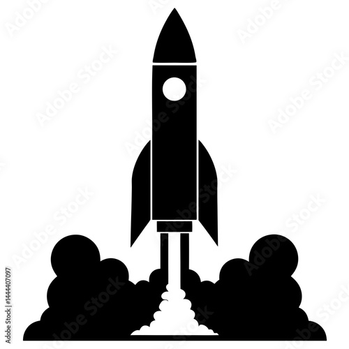 Silhouette of a rocket launching with smoke clouds and exhaust on a launch pad