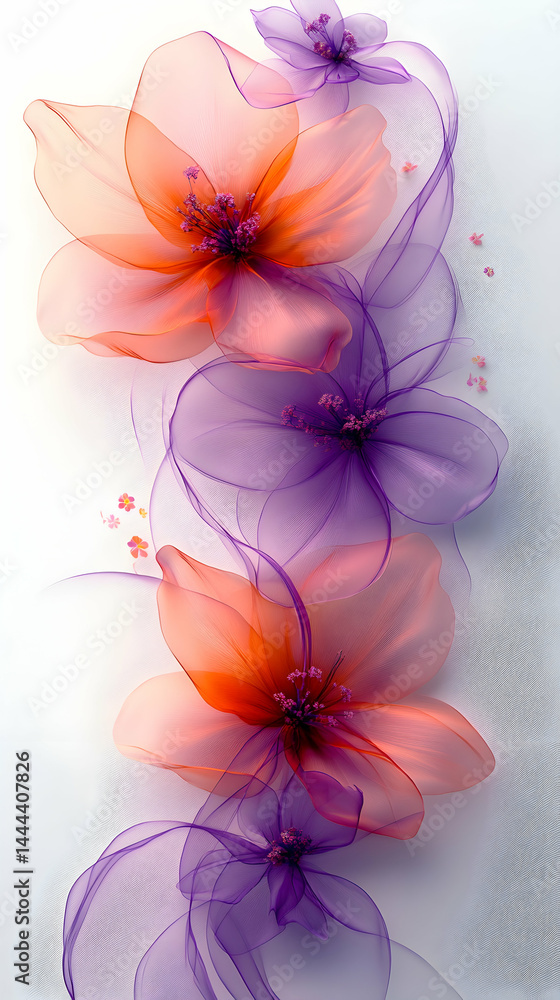 Obraz premium Delicate floral arrangement in orange and purple hues with translucent petals against a white background