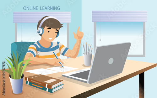 boy in headphones using laptop and studying online with teacher video call at home homeschool, remote learning. vector, illustration