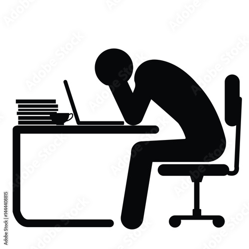 Icon vector of businessman tired  working on computer at workspace. vector