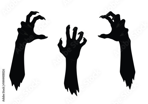 Scary hand silhouette. This image showcases bold black silhouettes of hands with sharp claws, symbolizing horror and fear. Vector clipart illustration design.