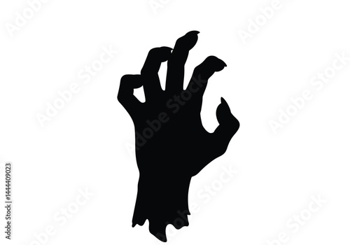 Zombie hand silhouette. This image showcases a bold black silhouette of a hand with fingers spread out, symbolizing horror and eeriness. Vector clipart illustration design.