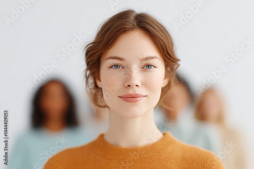 capture minimalistic portrait featuring diverse group of people of varying races and ages with softly blurred background