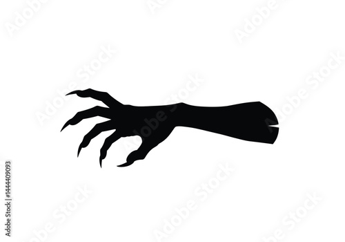 Creepy hand silhouette. A bold black silhouette image of a hand with claw-like fingers, also referred to as a spooky or eerie hand, symbolizing horror and mystery. Vector clipart illustration design.