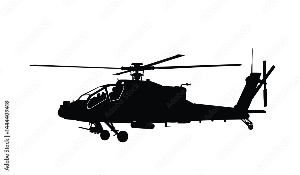 Fototapeta premium Apache helicopter silhouette. A bold black silhouette image of an Apache helicopter, also referred to as an attack aircraft or rotorcraft, power and precision. Vector clipart illustration design.