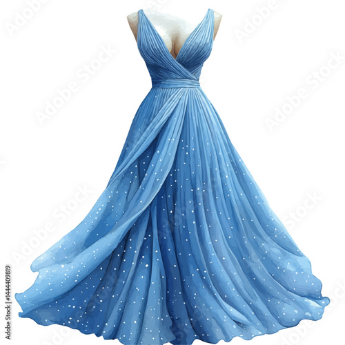 illustration of Flowy Summer Dress With Polka Dots, watercolor vector, isolated on a white background.