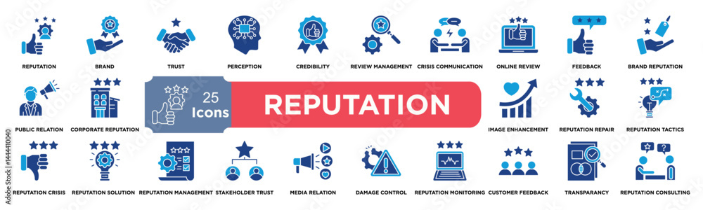 Reputation management icon collection set. Containing reputation, brand, trust, perception, online presence, public image, credibility icon. Simple line vector. Reputation management icon collection set. Containing reputation, brand, trust, perception, online presence, public image, credibility icon. Simple line vector.