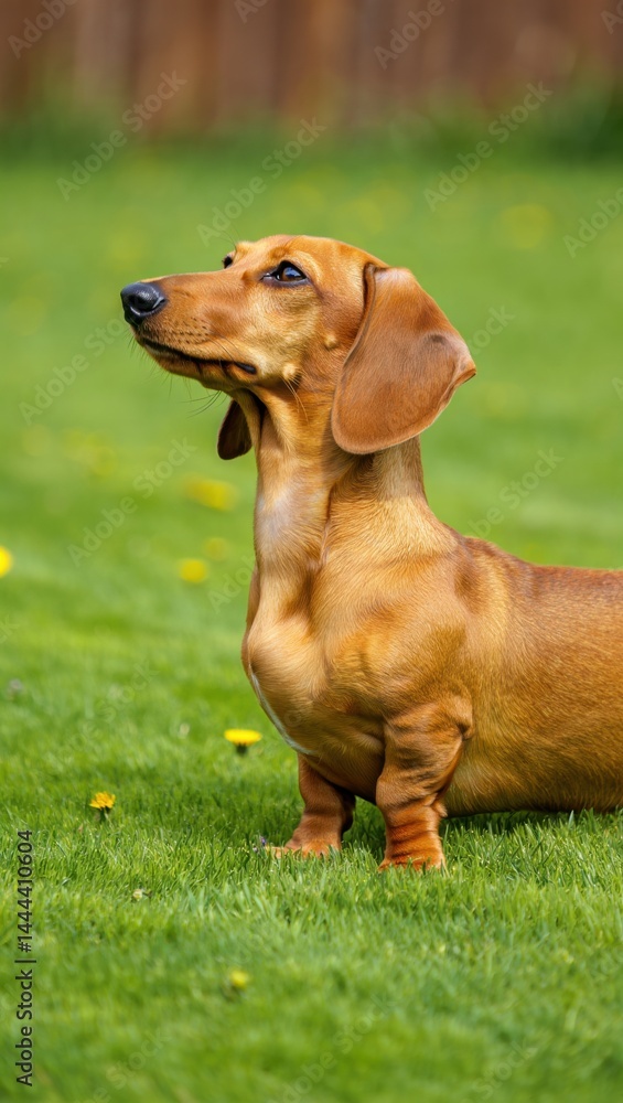 Dachshund standing alert on green grass with yellow flowers in background Dachshund standing alert on green grass with yellow flowers in background