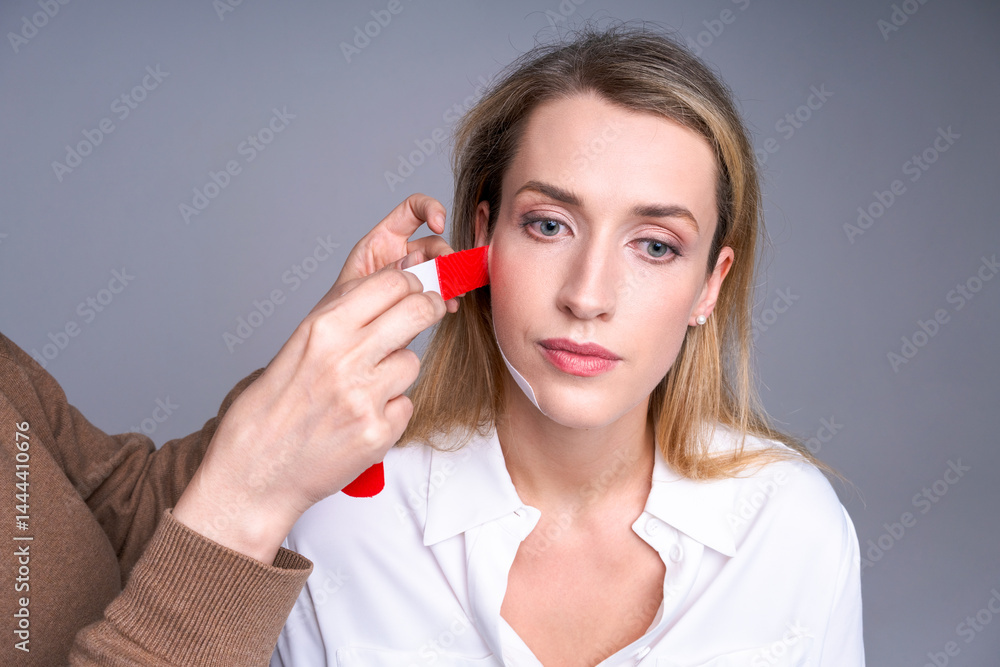 woman with tapes on her face and hands specialist measuring face contour for cosmetic procedures, skin care and aesthetic correction concept, light background.