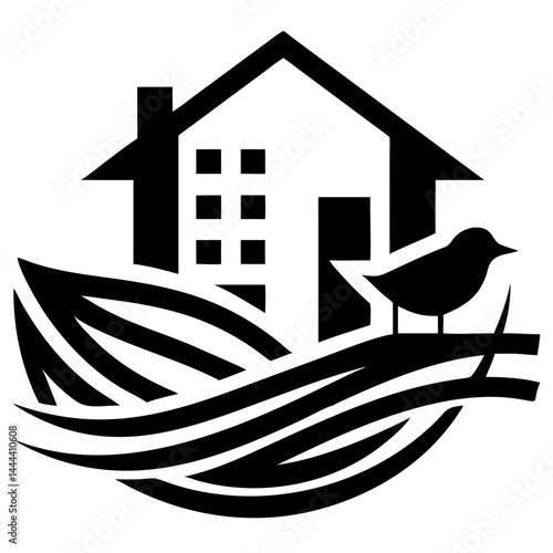 Real Estate Branding Logo with Abstract Bird Nest and Building Symbol in Minimal Design on Transparent Background PNG Vector Illustration