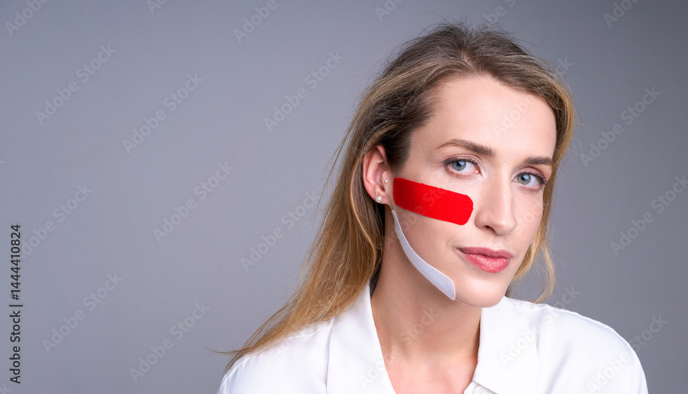 A woman in a white shirt with tapes on her face symbolizes the prevention of stress muscle clamps, self-care and relaxation