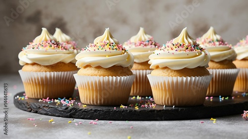 Delicious cupcakes with buttercream frosting and sprinkles on table, ideal for sweet treats