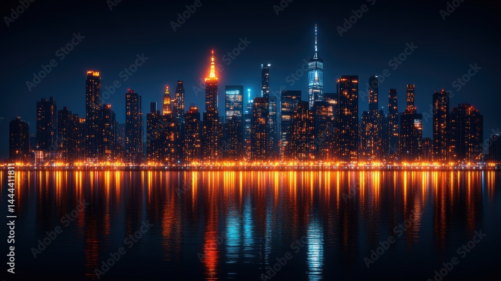 Fototapeta premium Nighttime skyline of a vibrant city reflected in water with glowing lights