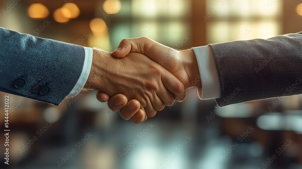 Two people in suits shaking hands illuminated by ambient lighting with a blurred background Two people in suits shaking hands illuminated by ambient lighting with a blurred background