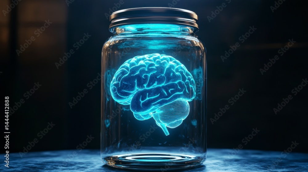 Glowing human brain inside a glass jar on a dark background. Glowing human brain inside a glass jar on a dark background.