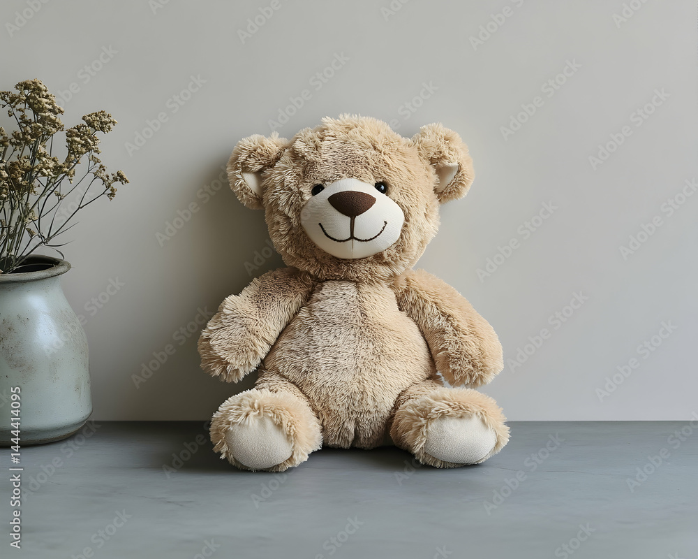 Obraz premium Plush teddy bear sits near a vase with flowers creating a peaceful and inviting scene with neutral tones