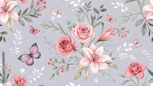 Floral background with roses lilies and butterflies seamless pattern for design and decoration art