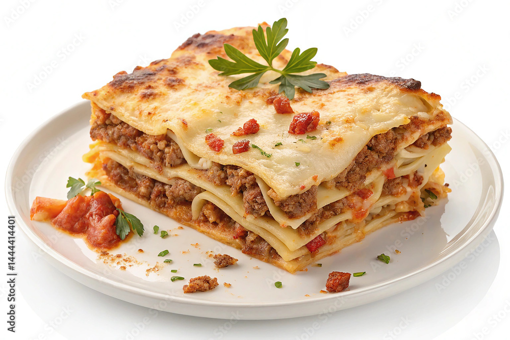 Piece of baked lasagna with minced meat and cheese isolated on transparent background png Piece of baked lasagna with minced meat and cheese isolated on transparent background png