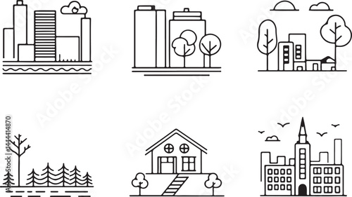 Set of 6 outline icons related to architectural plans, construction, building and landscape design. Linear icon collection. Editable stroke line art. Vector illustration.