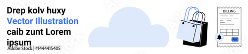 Cloud shape, shopping bags, and invoice illustrate online shopping, e-commerce, paperless billing concepts. Ideal for online stores, invoicing, digital platforms, retail modern commerce
