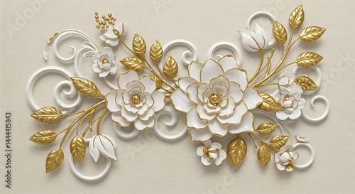 A decorative composition featuring white and gold flowers with a 3D effect, presented on a gentle, neutral backdrop