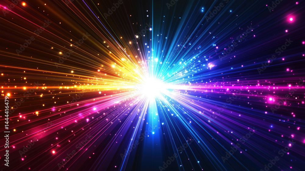 Fototapeta premium Colorful light burst with radiant beams and sparkling particles in dark background.