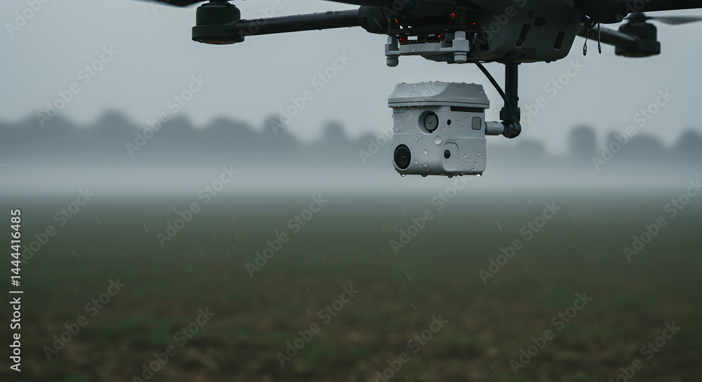 Fototapeta premium Drone Flying in Rainy Weather over Field Capturing Footage