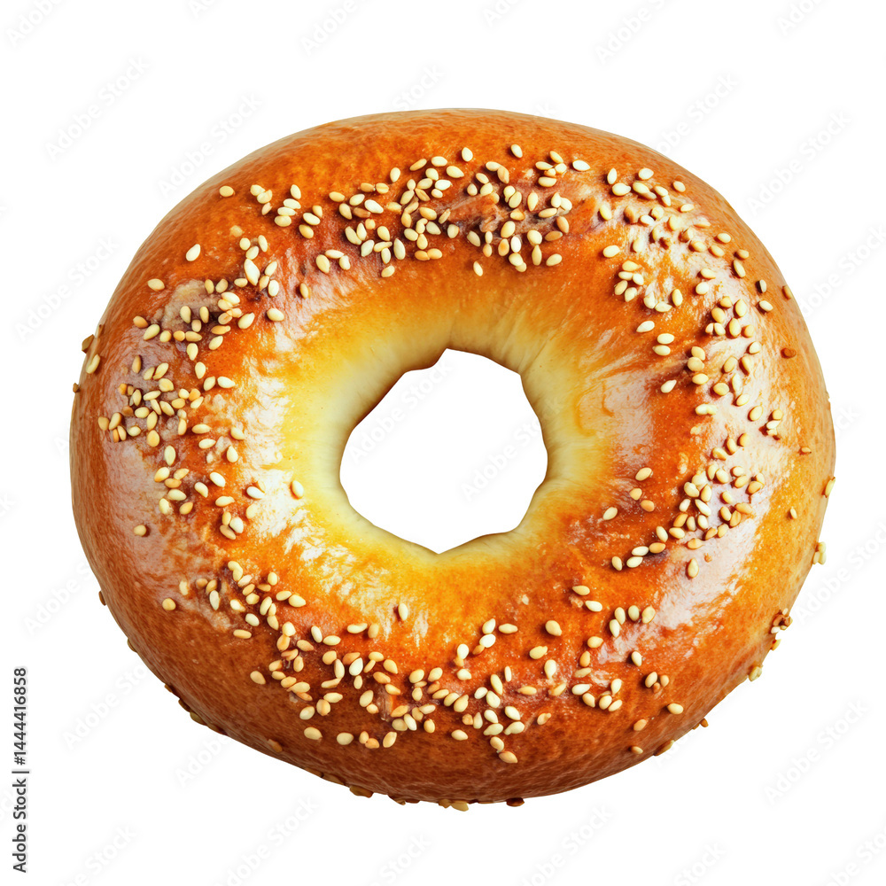 Fresh golden-brown bagel with sesame seeds on a white background, close-up view emphasizing texture and crispy crust, high-quality food image for breakfast or snack Fresh golden-brown bagel with sesame seeds on a white background, close-up view emphasizing texture and crispy crust, high-quality food image for breakfast or snack