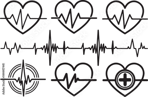 Set of 6 outline icons related to cardiology, medical pulse, ecg and ekg design. Linear icon collection. Editable stroke line art. Vector illustration.