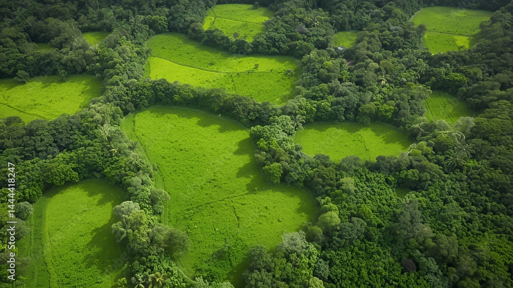 Aerial view of lush green landscape, nature and tranquility Aerial view of lush green landscape, nature and tranquility