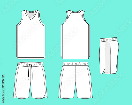 Basketball jersey flat sketch template outline CAD mockup.