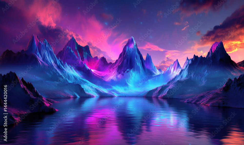 Obraz premium Vibrant surreal mountain landscape with colorful reflections in tranquil lake.