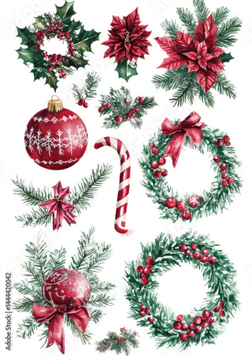 Watercolor festive Christmas clipart on white background featuring holly, ornaments, and seasonal cheer  