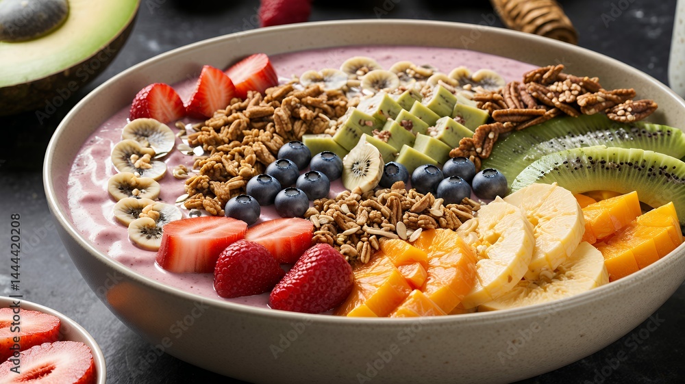 Close-up of freshly prepared smoothie bowl with toppings, healthy meal Close-up of freshly prepared smoothie bowl with toppings, healthy meal