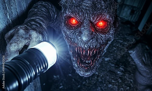 Creepy monster reaching out with a flashlight in a dark, haunted house