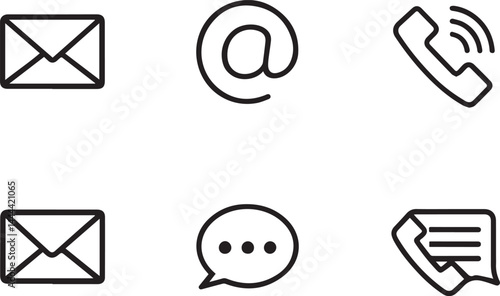 Set of 6 outline icons related to email, phone, message, text, call and some. Linear icon collection. Editable stroke line art. Vector illustration.