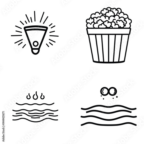 Diver Underwater Light, Popcorn Bucket, Waves, & Binoculars Icons in Flat Design