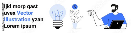 Man at desk pointing to money plant and glowing bulb, a metaphor for growth, finance, creative ideas. Ideal for business, innovation, startups, success, personal growth strategy flat landing page