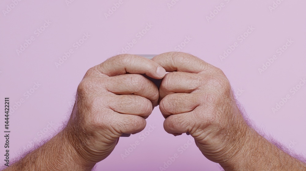 Fototapeta premium Close-up of hands holding a small object. Hands are clenched around a thin, gray item against a soft pink background