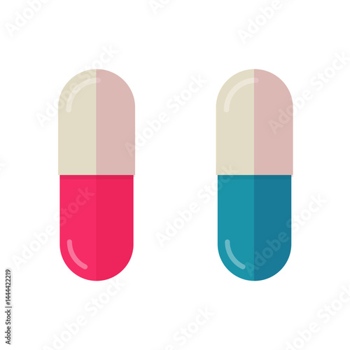 Pill red blue icon medicine vector graphic illustration, antibiotic drug capsule simple flat cartoon style set
