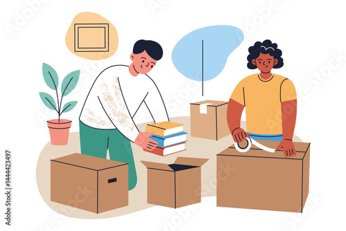Vector illustration of people packing boxes for moving, man and woman preparing for relocation, cartoon characters moving out, flat scene with home interior and packed cardboard boxes
