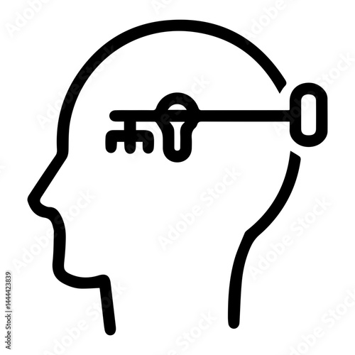 Key in mind (outline style). Unlocking thought, accessing idea, finding solution, mental access, understanding concept, revealing notion, unlocking potential, insightful thinking