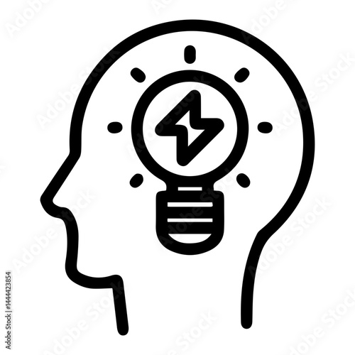 Bright idea sparking in mind (outline style). Sudden insight, brilliant thought, electric concept, flash of inspiration, illuminating idea, creative surge, powerful notion