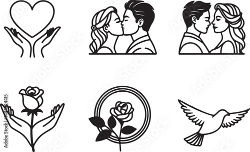 Set of 6 outline icons related to husband and wife, love, dove, rose, family, relation, heart, kissing and more symbols. Linear icon collection. Editable stroke line art. Vector illustration.