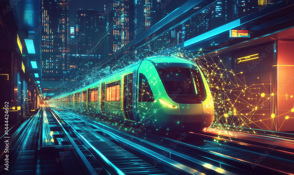 Fototapeta premium Futuristic train in neon cityscape with digital connections and vibrant lights.