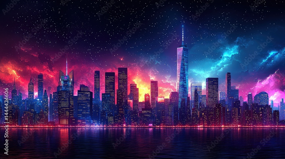 Fototapeta premium Vibrant cityscape at night, neon lights